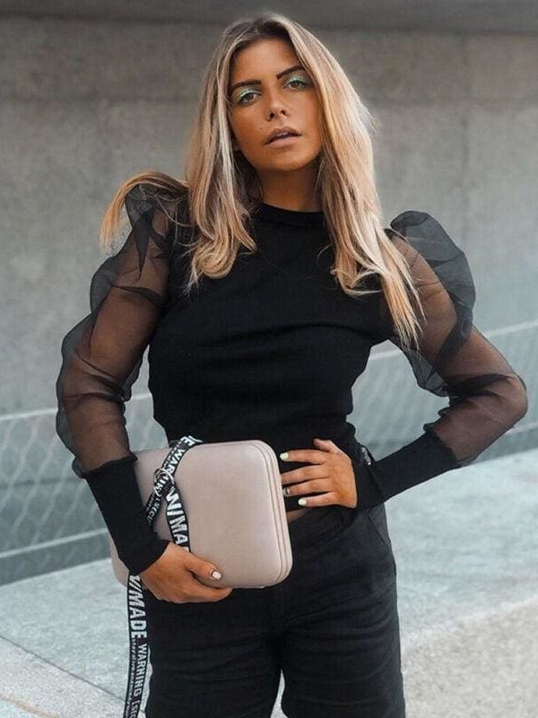 The Best Women Mesh Net Blouse Sheer Puff Long Sleeve Black Pullover Tops Online - Takalr