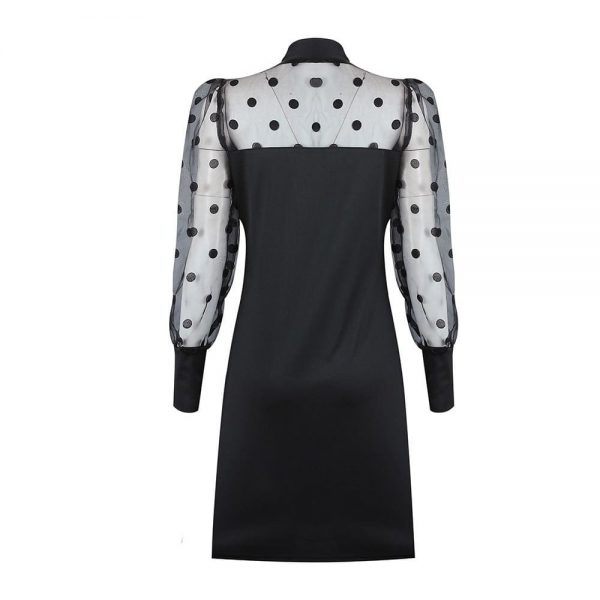 The Best Women Mesh Puff Polka Dot Long Sleeve Ribbed Dress Autumn Casual Ladies High Neck Bodycon Party Mini Dresses Online - Takalr