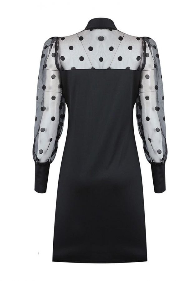 The Best Women Mesh Puff Polka Dot Long Sleeve Ribbed Dress Autumn Casual Ladies High Neck Bodycon Party Mini Dresses Online - Takalr