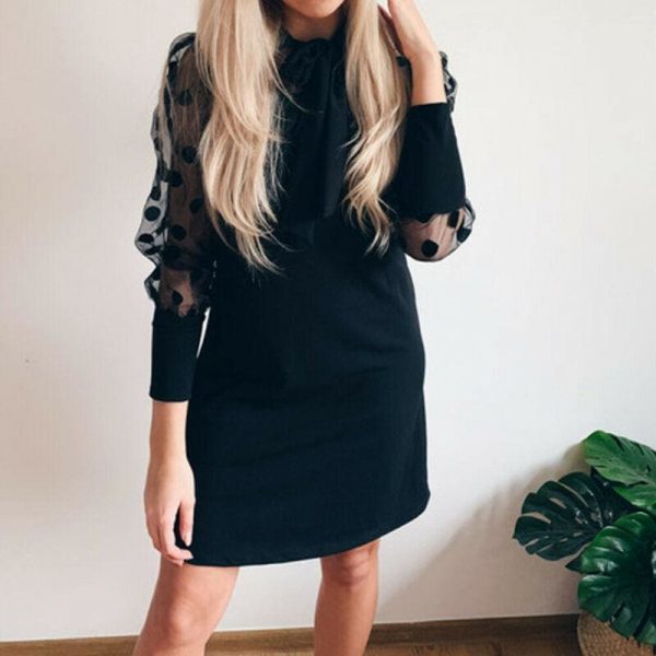 The Best Women Mesh Puff Polka Dot Long Sleeve Ribbed Dress Autumn Casual Ladies High Neck Bodycon Party Mini Dresses Online - Takalr