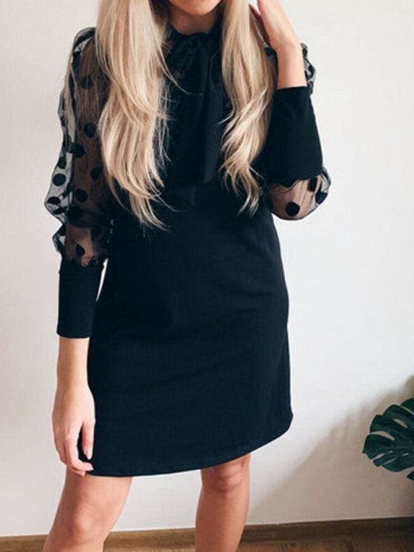 The Best Women Mesh Puff Polka Dot Long Sleeve Ribbed Dress Autumn Casual Ladies High Neck Bodycon Party Mini Dresses Online - Takalr