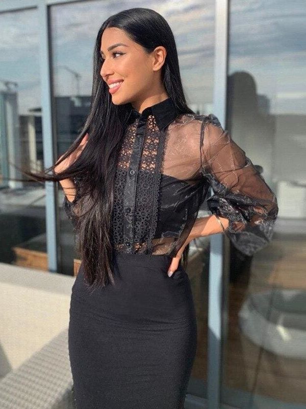 The Best Women Mesh Sheer Blouse See-through Hollow Deep V Lace Crop Top Long Sleeve Top Shirt Sexy Lace Black Shirt Female Blusas Online - Takalr