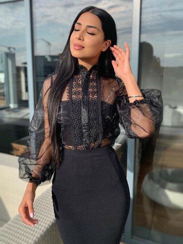 The Best Women Mesh Sheer Blouse See-through Hollow Deep V Lace Crop Top Long Sleeve Top Shirt Sexy Lace Black Shirt Female Blusas Online - Takalr