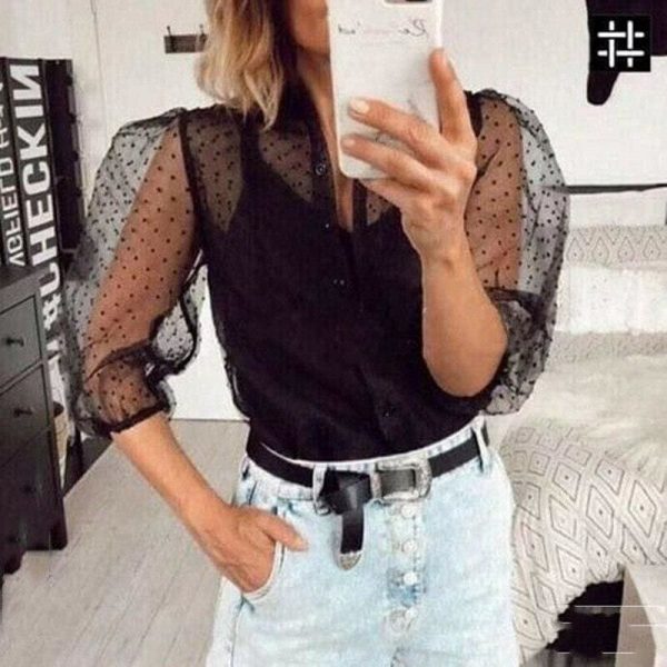 The Best Women Mesh Sheer Blouse See-through Long Sleeve Top Shirt Blouse Fashion Pearl Button Transparent White Shirt Female Blusas Online - Takalr