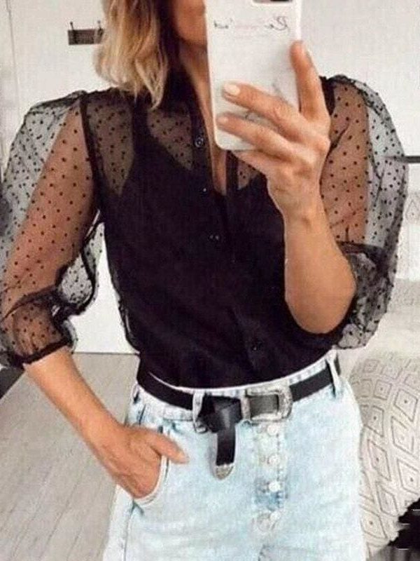 The Best Women Mesh Sheer Blouse See-through Long Sleeve Top Shirt Blouse Fashion Pearl Button Transparent White Shirt Female Blusas Online - Takalr