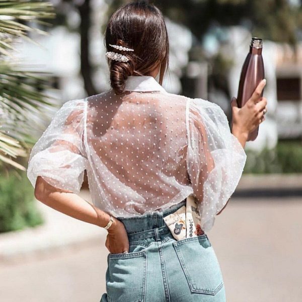 The Best Women Mesh Sheer Blouse See-through Long Sleeve Top Shirt Blouse Fashion Pearl Button Transparent White Shirt Female Blusas Online - Takalr