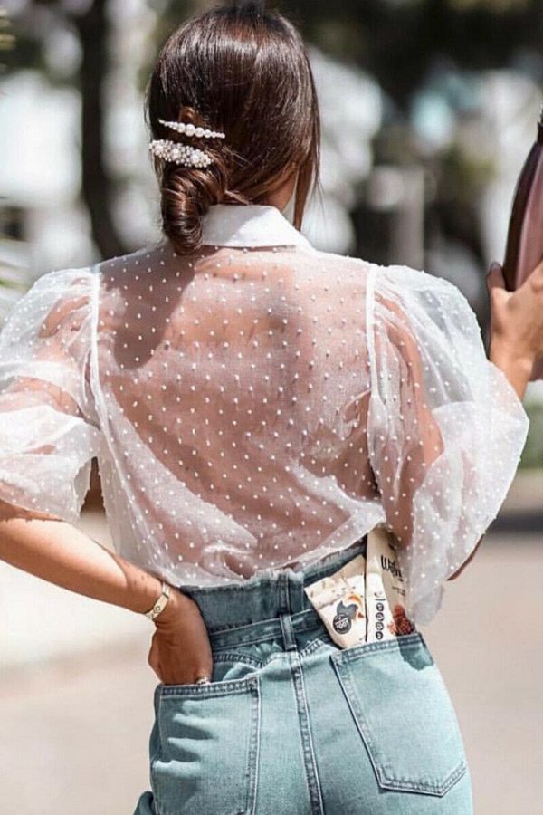 The Best Women Mesh Sheer Blouse See-through Long Sleeve Top Shirt Blouse Fashion Pearl Button Transparent White Shirt Female Blusas Online - Takalr