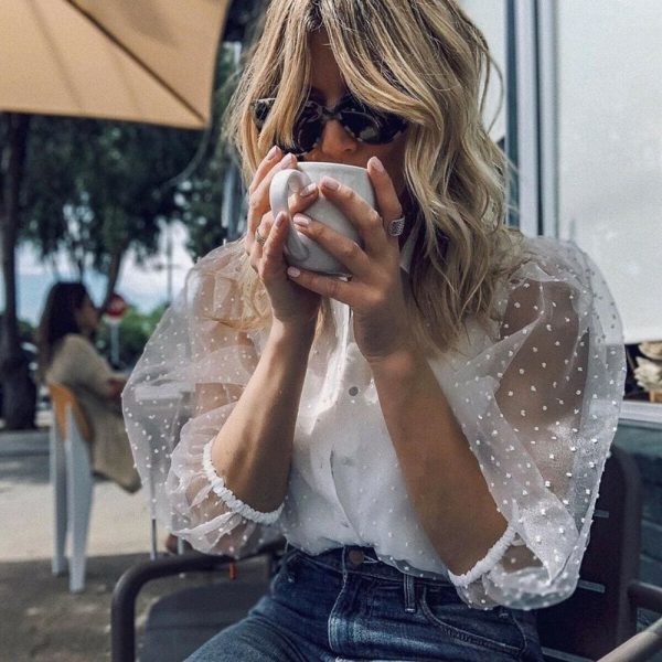 The Best Women Mesh Sheer Blouse See-through Long Sleeve Top Shirt Blouse Fashion Pearl Button Transparent White Shirt Female Blusas Online - Takalr