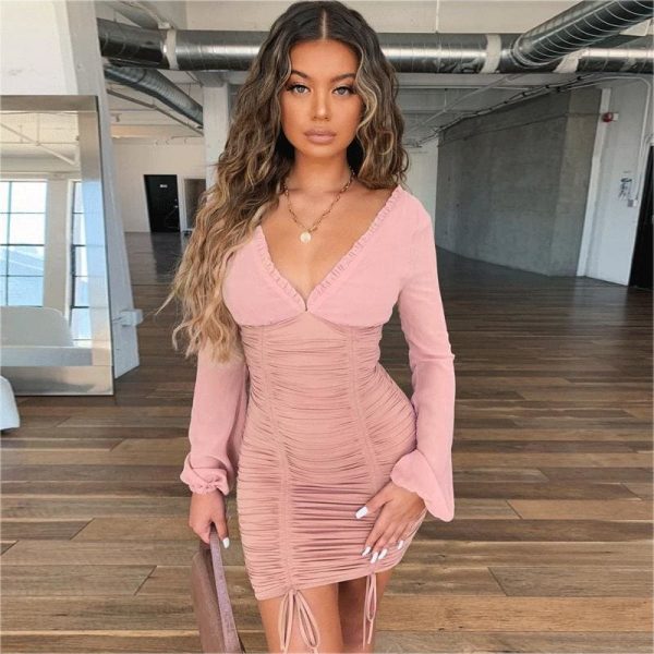 The Best Women Mesh Sheer Long Sleeve Bandage Bodycon Evening Party Club Mini Dress Ladies Deep V Neck Backless Dress Online - Takalr