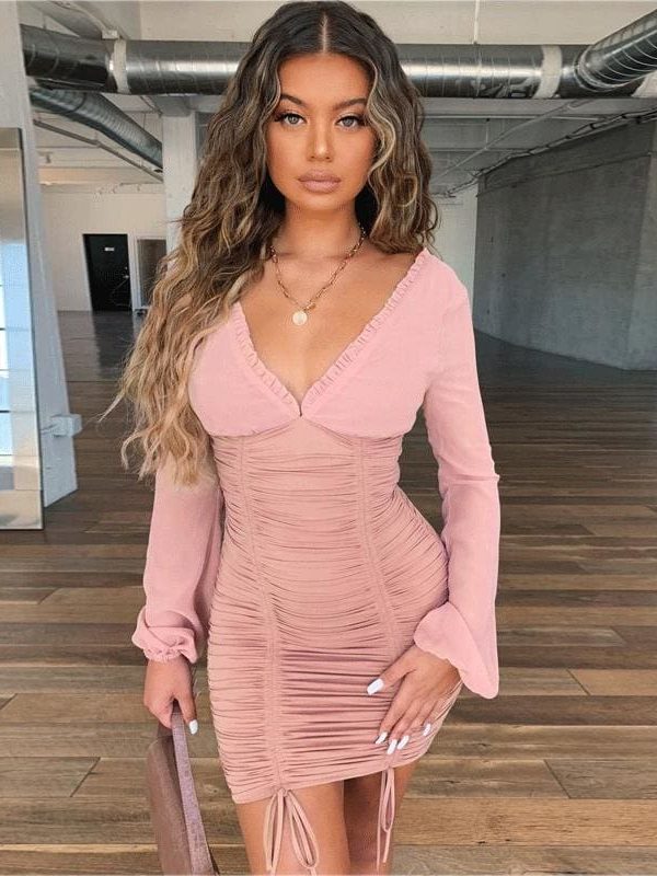 The Best Women Mesh Sheer Long Sleeve Bandage Bodycon Evening Party Club Mini Dress Ladies Deep V Neck Backless Dress Online - Takalr