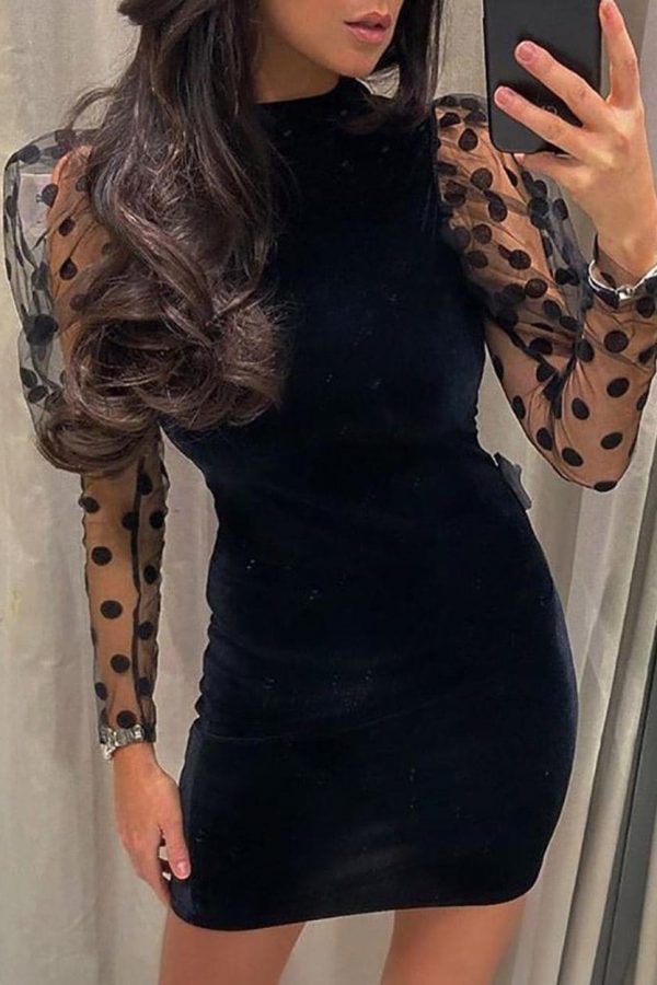 The Best Women Mesh Sheer Long Sleeve Dress Bodycon Backless Party Club Mini Dress Polka Dot Puff Sleeve Slim Dresses Online - Takalr