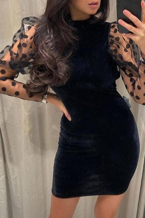 The Best Women Mesh Sheer Long Sleeve Dress Bodycon Backless Party Club Mini Dress Polka Dot Puff Sleeve Slim Dresses Online - Takalr