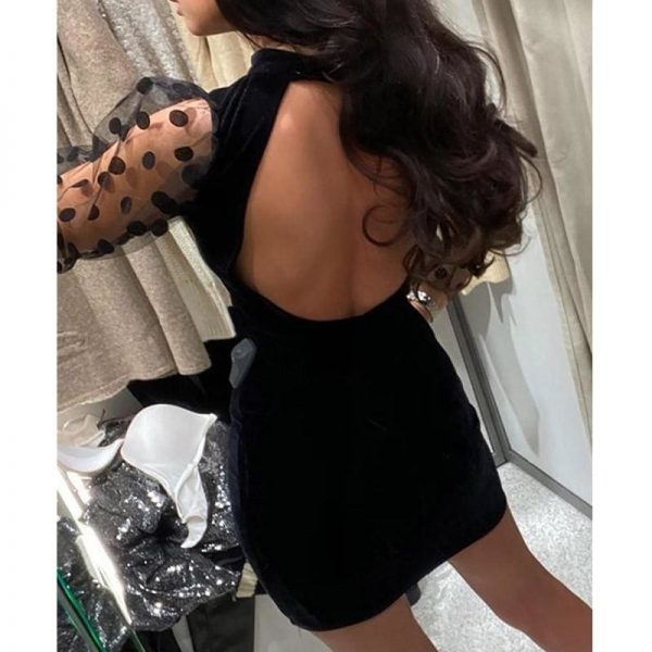 The Best Women Mesh Sheer Long Sleeve Dress Bodycon Backless Party Club Mini Dress Polka Dot Puff Sleeve Slim Dresses Online - Takalr