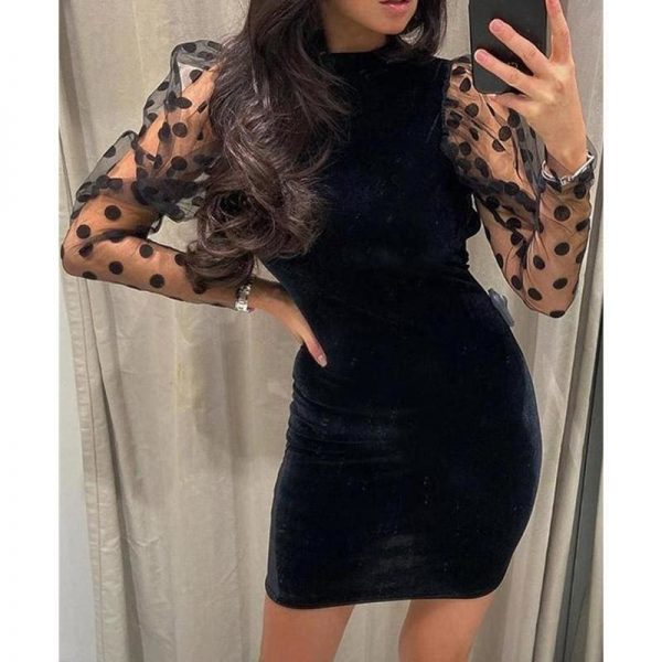 The Best Women Mesh Sheer Long Sleeve Dress Bodycon Backless Party Club Mini Dress Polka Dot Puff Sleeve Slim Dresses Online - Takalr