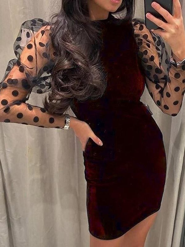 The Best Women Mesh Sheer Long Sleeve Dress Bodycon Backless Party Club Mini Dress Polka Dot Puff Sleeve Slim Dresses Online - Takalr