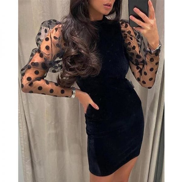 The Best Women Mesh Sheer Long Sleeve Dress Bodycon Backless Party Club Mini Dress Polka Dot Puff Sleeve Slim Dresses Online - Takalr