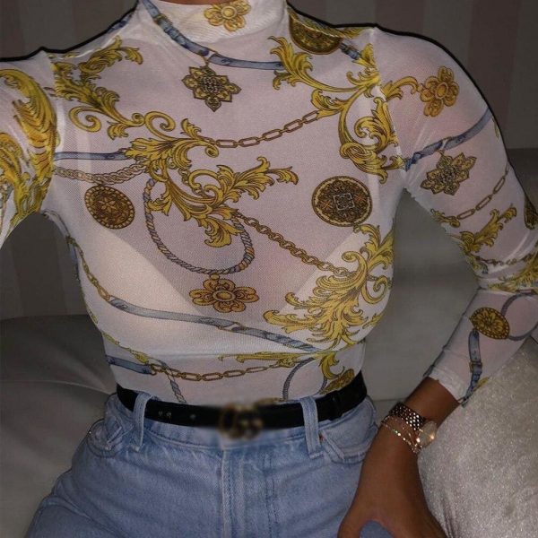 The Best Women Mesh Sheer Net See-through T shirt Ladies Long Sleeve Floral Slim FIt Crop Top Shirt Tee Summer Clothing Online - Takalr