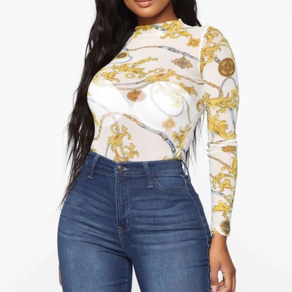 The Best Women Mesh Sheer Net See-through T shirt Ladies Long Sleeve Floral Slim FIt Crop Top Shirt Tee Summer Clothing Online - Takalr