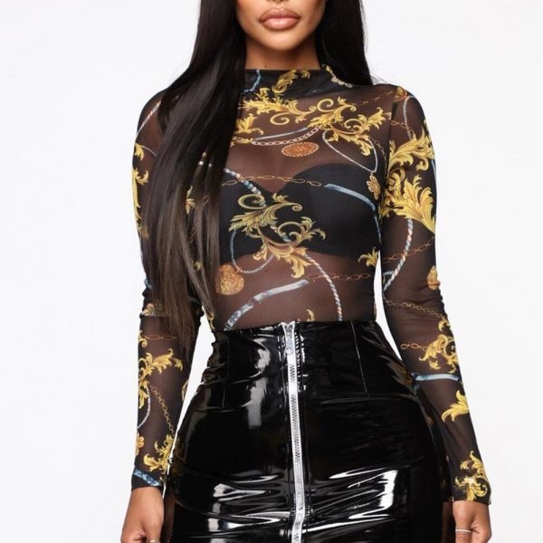 The Best Women Mesh Sheer Net See-through T shirt Ladies Long Sleeve Floral Slim FIt Crop Top Shirt Tee Summer Clothing Online - Takalr