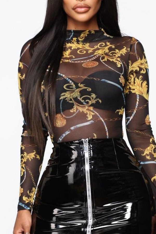 The Best Women Mesh Sheer Net See-through T shirt Ladies Long Sleeve Floral Slim FIt Crop Top Shirt Tee Summer Clothing Online - Takalr