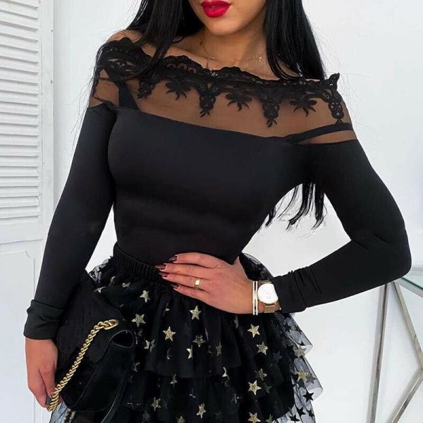 The Best Women Mesh Sheer See-through Patchwork Tee Shirt Tops Long Sleeve Lace Off Shoulder Slim Fit Blouse Online - Takalr