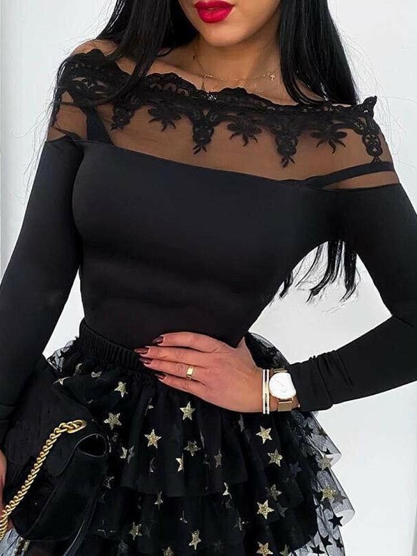 The Best Women Mesh Sheer See-through Patchwork Tee Shirt Tops Long Sleeve Lace Off Shoulder Slim Fit Blouse Online - Takalr