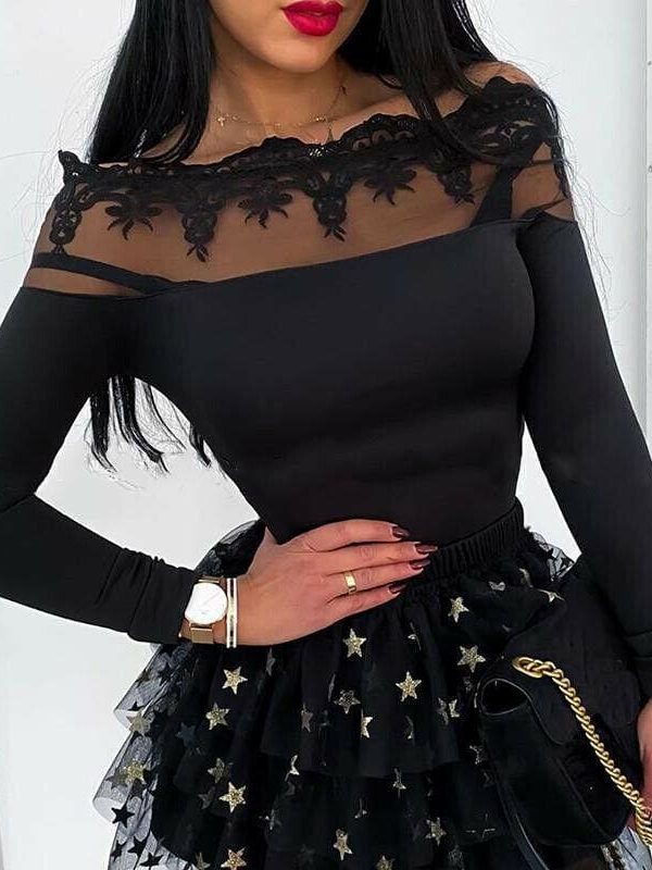 The Best Women Mesh Sheer See-through Patchwork Tee Shirt Tops Long Sleeve Lace Off Shoulder Slim Fit Blouse Online - Takalr