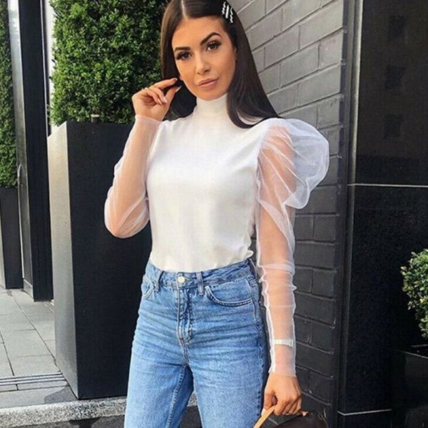 The Best Women Mesh Sheer See Through Puff Sleeve T-Shirt Crop Top Ladies Turtle Neck Autumn Casual Slim Tee Tops Online - Takalr