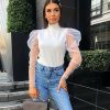 The Best Women Mesh Sheer See Through Puff Sleeve T-Shirt Crop Top Ladies Turtle Neck Autumn Casual Slim Tee Tops Online - Takalr