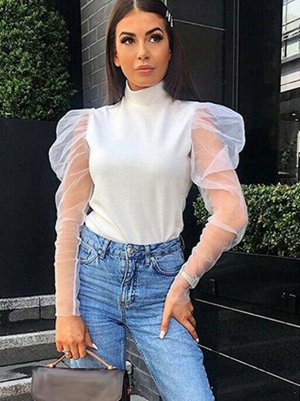 The Best Women Mesh Sheer See Through Puff Sleeve T-Shirt Crop Top Ladies Turtle Neck Autumn Casual Slim Tee Tops Online - Takalr