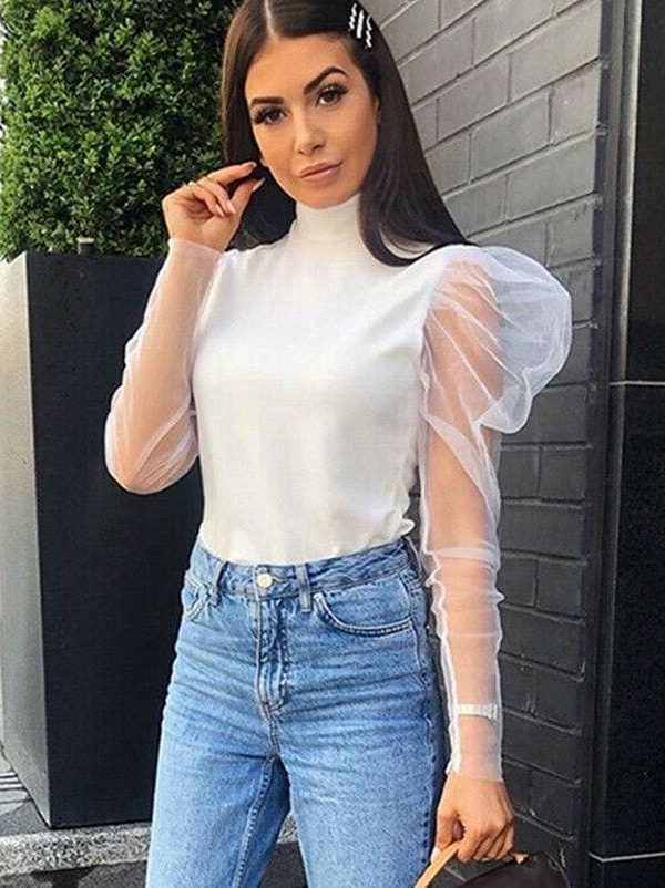 The Best Women Mesh Sheer See Through Puff Sleeve T-Shirt Crop Top Ladies Turtle Neck Autumn Casual Slim Tee Tops Online - Takalr