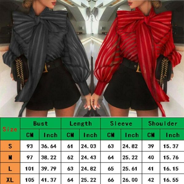 The Best Women Mesh Shirt Ladies Office Work Casual See Through Bowknot Long Lantern Sleeve Striped Tops Blouse Shirts Online - Takalr