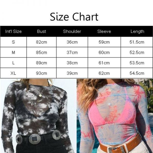 The Best Women Mesh Transparent Shirts Skinny Long Sleeve O-Neck Crop Tops See-through Print Lady Women T shirt Tops Online - Takalr