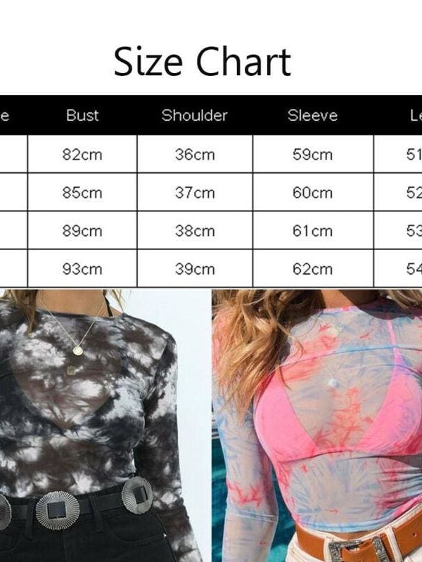 The Best Women Mesh Transparent Shirts Skinny Long Sleeve O-Neck Crop Tops See-through Print Lady Women T shirt Tops Online - Takalr