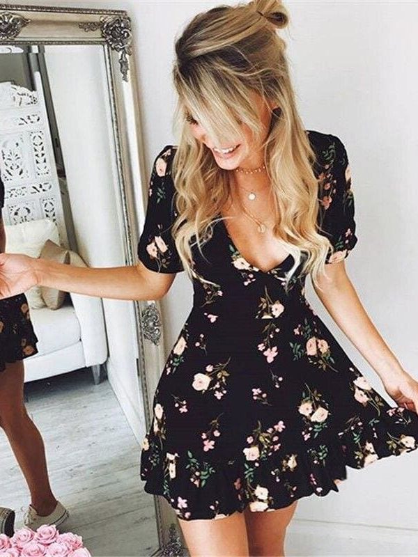 The Best Women Mini Boho Floral Dress Summer Beach Short Sleeve V-Neck Party Bohemian Beach Dress Summer Style Online - Takalr