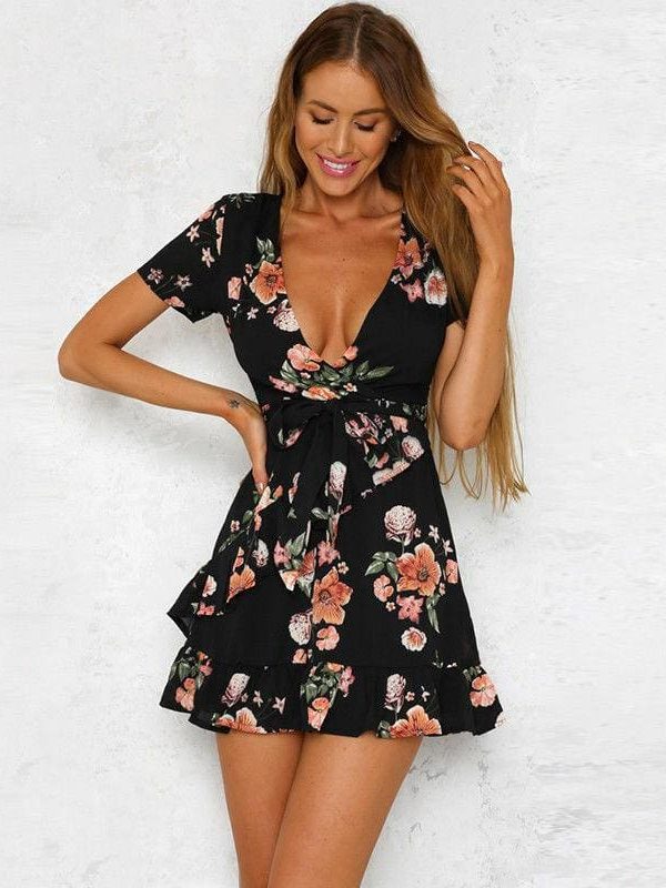 The Best Women Mini Boho Floral Dress Summer Beach Short Sleeve V-Neck Party Bohemian Beach Dress Summer Style Online - Takalr