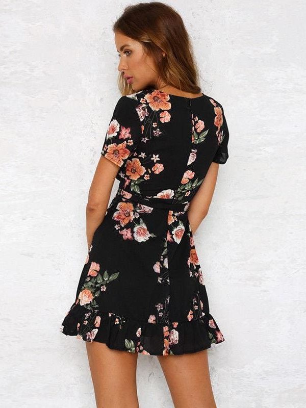 The Best Women Mini Boho Floral Dress Summer Beach Short Sleeve V-Neck Party Bohemian Beach Dress Summer Style Online - Takalr