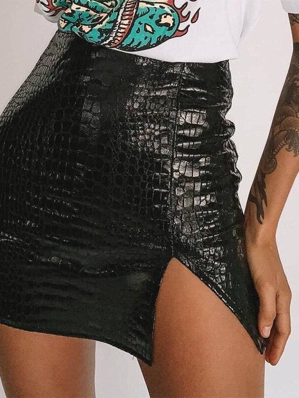 The Best Women Mini Skirt High Waist Side Split Faux Leather Club Party Bodycon Pencil Skirt for Girls Streetwear Online - Takalr