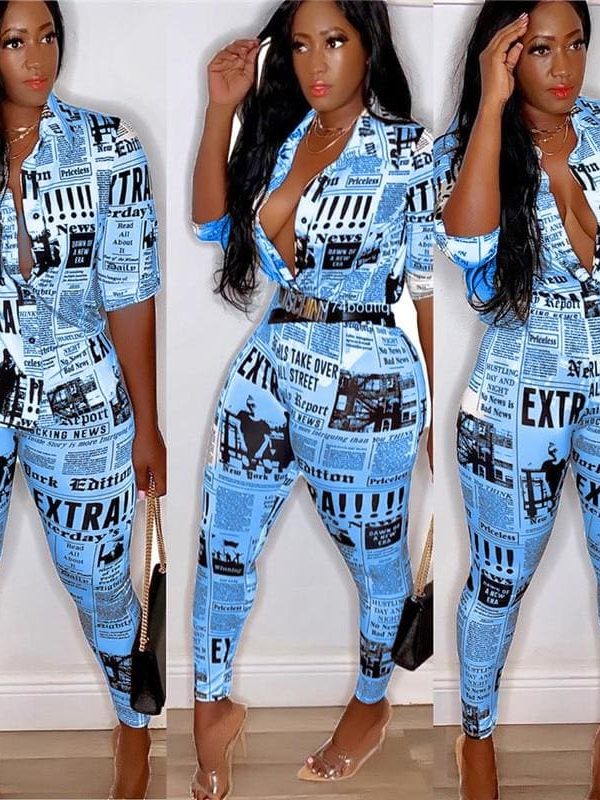 The Best Women Newspaper Print Casual Blouse Top + Sexy Long Pants Set 2Pcs Outfits Clothes Set Plus Size Online - Takalr