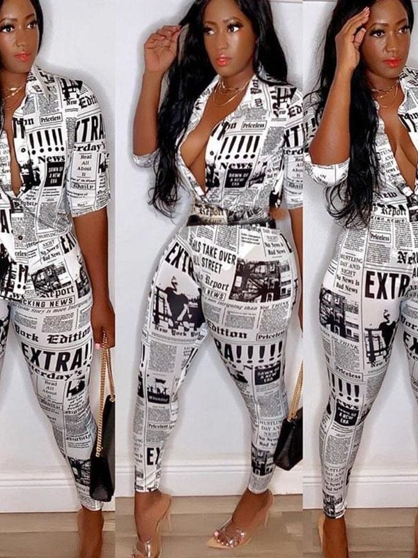 The Best Women Newspaper Print Casual Blouse Top + Sexy Long Pants Set 2Pcs Outfits Clothes Set Plus Size Online - Takalr