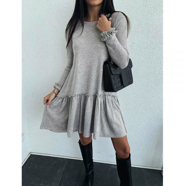 The Best Women O Neck Ruffle Sweater Dress Jumper Autumn Baggy Long Sleeve Tops Pullover Casual Long Midi Dress Online - Takalr