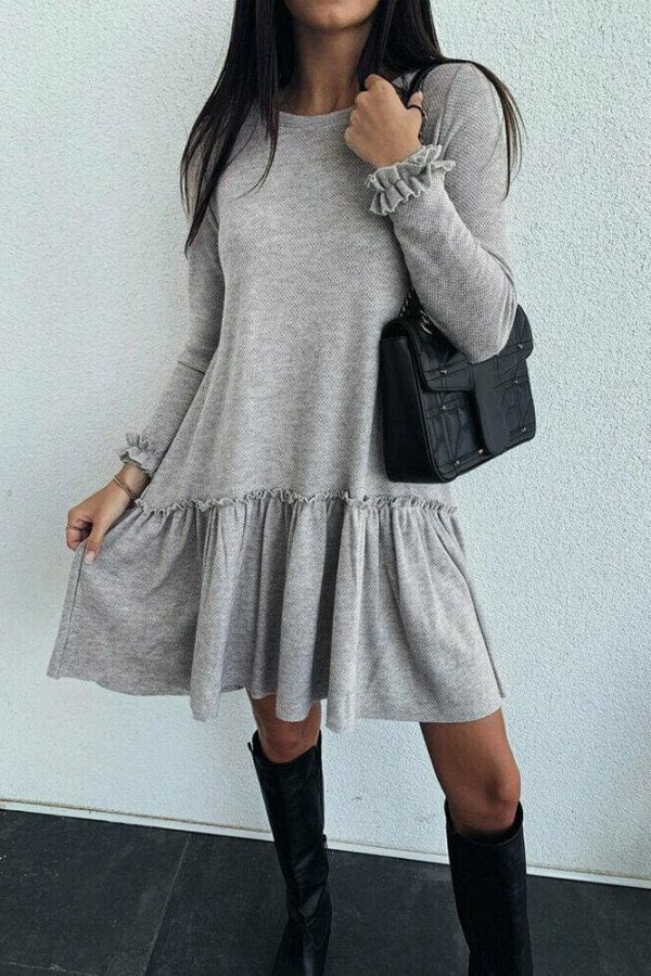 The Best Women O Neck Ruffle Sweater Dress Jumper Autumn Baggy Long Sleeve Tops Pullover Casual Long Midi Dress Online - Takalr