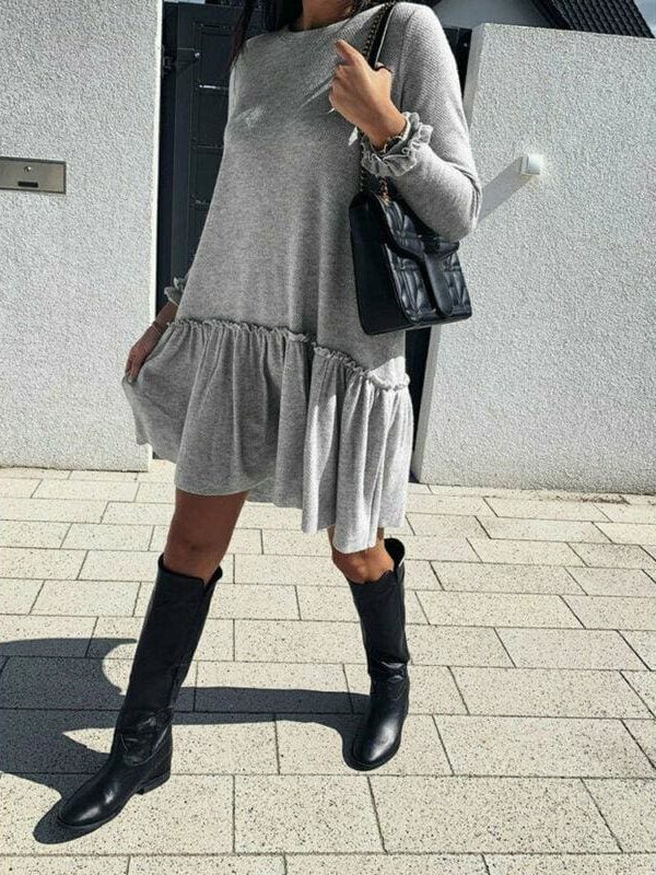 The Best Women O Neck Ruffle Sweater Dress Jumper Autumn Baggy Long Sleeve Tops Pullover Casual Long Midi Dress Online - Takalr