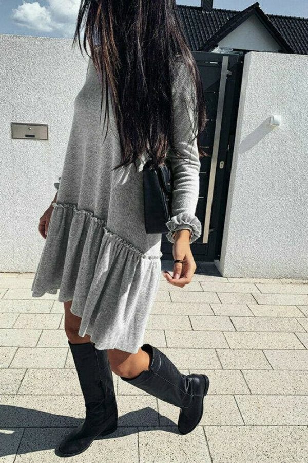 The Best Women O Neck Ruffle Sweater Dress Jumper Autumn Baggy Long Sleeve Tops Pullover Casual Long Midi Dress Online - Takalr