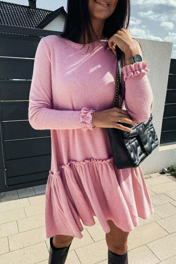 The Best Women O Neck Ruffle Sweater Dress Jumper Autumn Baggy Long Sleeve Tops Pullover Casual Long Midi Dress Online - Takalr