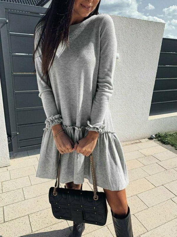 The Best Women O Neck Ruffle Sweater Dress Jumper Autumn Baggy Long Sleeve Tops Pullover Casual Long Midi Dress Online - Takalr