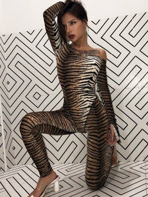 The Best Women Off Shoulder Bodycon Jumpsuit Clubwear Tigrina Leopard Printed Party Casual Long Jumpsuit Trouser Online - Takalr