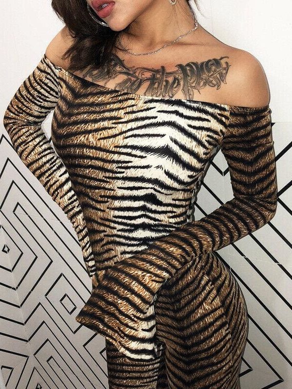 The Best Women Off Shoulder Bodycon Jumpsuit Clubwear Tigrina Leopard Printed Party Casual Long Jumpsuit Trouser Online - Takalr