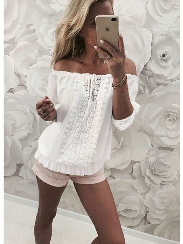 The Best Women Off Shoulder Long Sleeve Bodycon Top Lady Hollow Out Fashion Newest Summer Autumn Loose Simple Tees T-shirts Online - Takalr