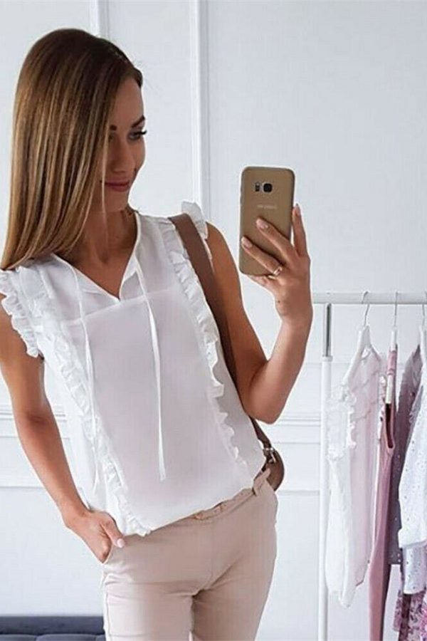 The Best Women Office Ruffle Shirt Tank Top Summer Sleeveless V Neck OL Ladies Loose Blouse Tunic Tops Summer Clothing Online - Takalr